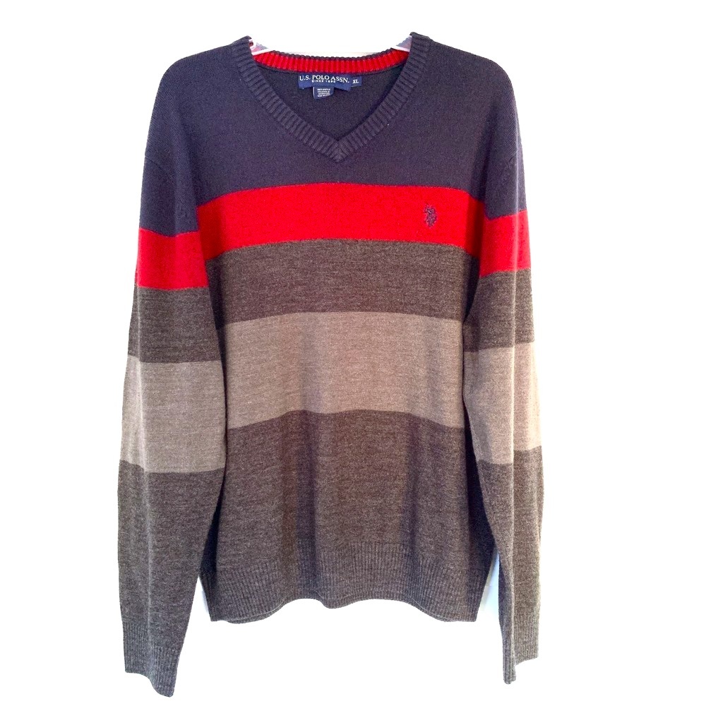 U.S. Polo Assn. Mens Color Block Stripe V-Neck Sweater - Sz XL - Navy/Red
